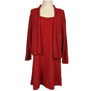 Eileen Fisher Coral Red 100% Wool 2 Piece Set Cardigan & Tank Dress L Lagenlook